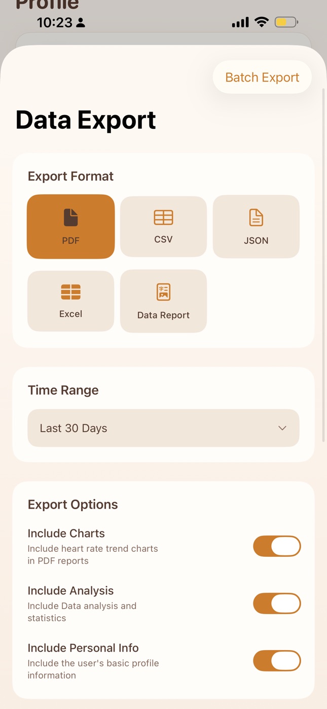 MonoPump data export screen with format, date range, and content options
