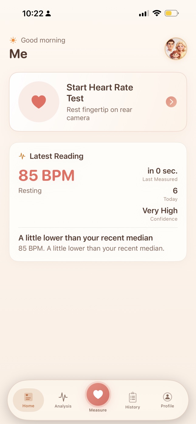MonoPump home screen showing the latest saved pulse reading and context
